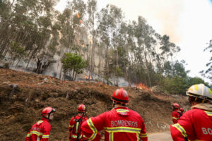 Labores de extinción del incendio que afecta a los alrededores de la localidad portuguesa de Arouca. EFE/ Carlos Garcia