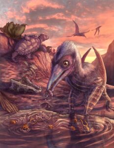 Una reconstrucción artística del paisaje fosilizado, las plantas y los animales encontrados en un yacimiento del Parque Nacional del Bosque Petrificado, en Arizona. Crédito: Ilustración de Brian Engh.