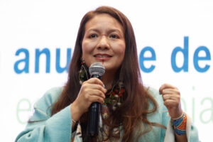 La ministra de Medio Ambiente y Desarrollo Sostenible, Lena Estrada, habla durante la presentación de datos de la deforestación en el país en 2024 este lunes, en Bogotá (Colombia). EFE/ Mauricio Dueñas Castañeda
