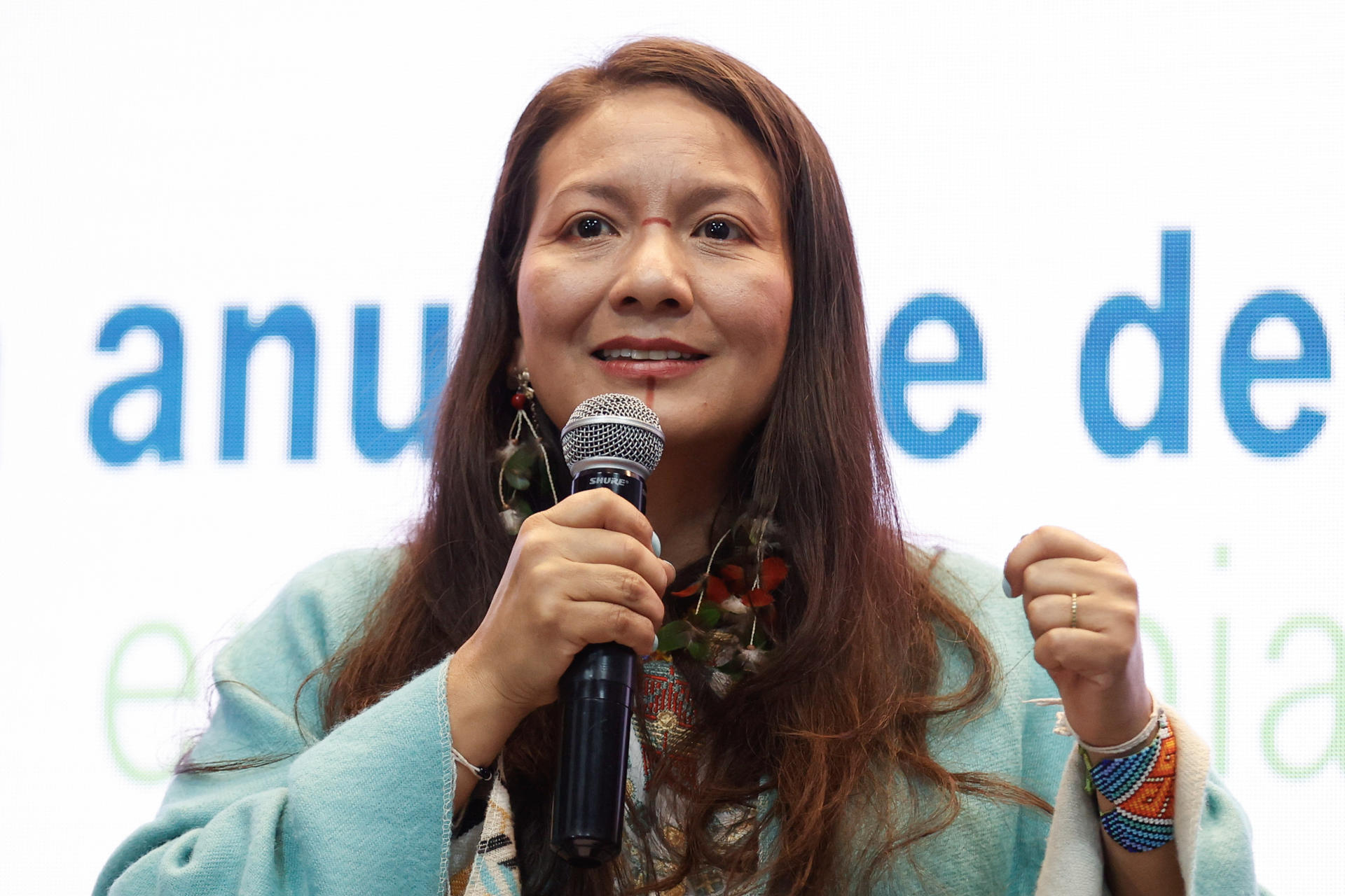 La ministra de Medio Ambiente y Desarrollo Sostenible, Lena Estrada, habla durante la presentación de datos de la deforestación en el país en 2024 este lunes, en Bogotá (Colombia). EFE/ Mauricio Dueñas Castañeda