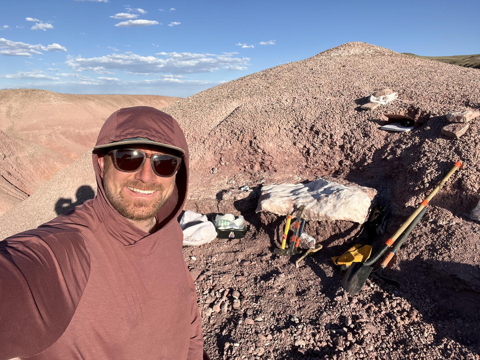 Ben Kligman paleontólogo del Museo Nacional de Historia Natural del Smithsonian, excavando un yacimiento de huesos en el Parque Nacional del Bosque Petrificado de Arizona en 2025. Crédito: Ben Kligman, Instituto Smithsoniano.