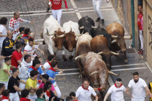 Los mozos son perseguidos por los toros de la ganadería Victoriano del Río Cortés durante el cuarto encierro de los Sanfermines, este jueves, en Pamplona. EFE/Villar López