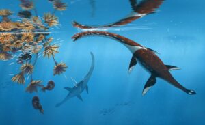 Un equipo internacional de paleontólogos ha identificado una nueva especie de reptil marino en los conocidos yacimientos de fósiles de pizarra de posidonia de Alemania, un hallazgo que amplía el conocimiento de los ecosistemas oceánicos prehistóricos que existieron hace unos 183 millones de años. En la imagen, una recreación de aquel animal. Imagen:  Peter Nickolaus