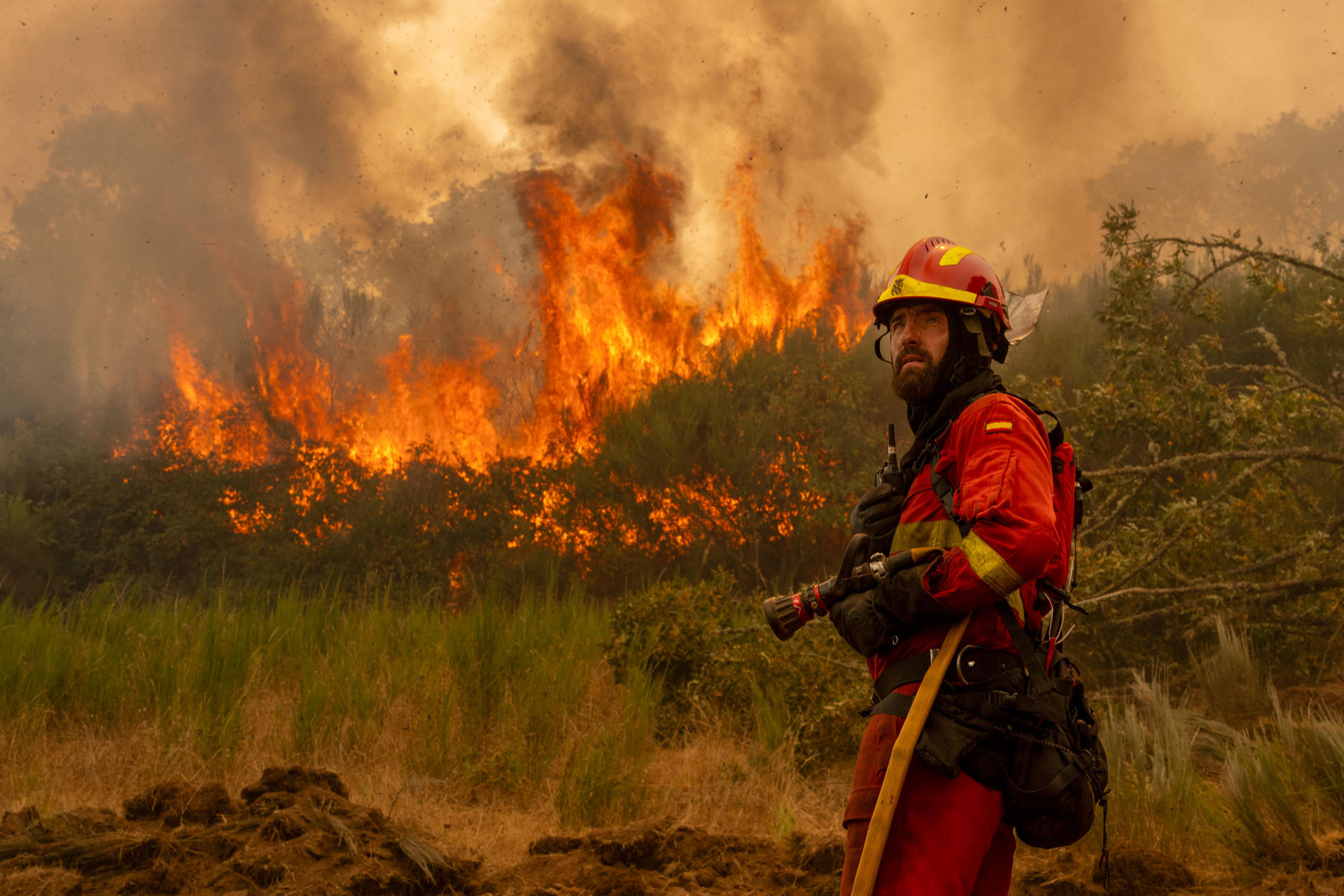 Un efectivo de la Unidad Militar de Emergencias (UME) en la localidad de A Espasa, durante el incendio forestal que permanece activo en Chandrexa de Queixa (Ourense), el pasado día 12. EFE/Brais Lorenzo/Archivo