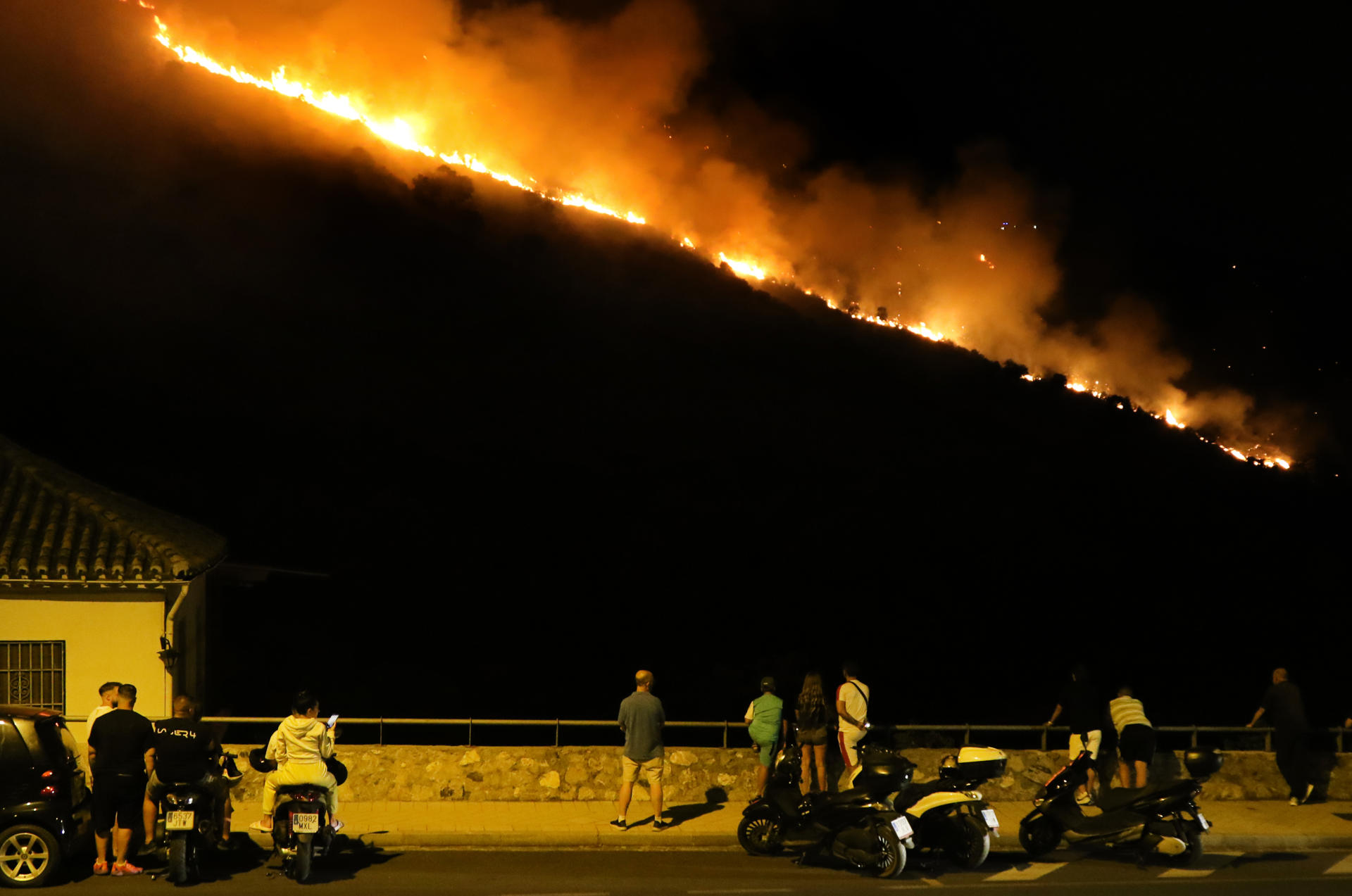 Incendio declarado este sábado en un paraje forestal cercano a los túneles del Serrallo, en el entorno de un área conocida como Fuente de la Bicha ubicada entre Granada capital y Cenes de la Vega. EFE/Pepe Torres