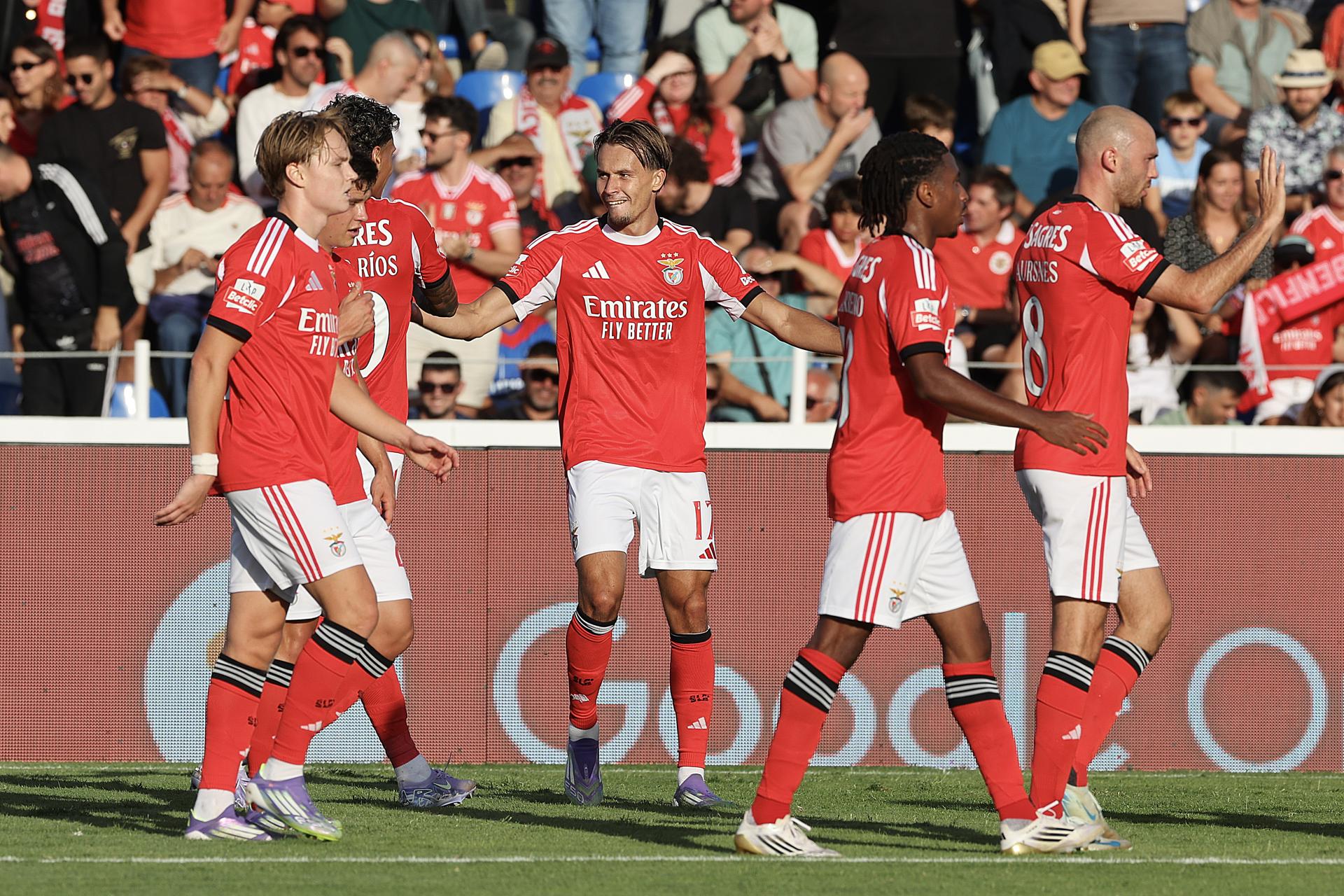Los jugadores del Benfica Amar Dedic (c) celebra con sus compañeros un gol durante el partido de la Liga Portuguesa que han jugado FC Alverca y SL benfica, en Alverca do Ribatejo, Portugal.. EFE/EPA/MIGUEL A. LOPES