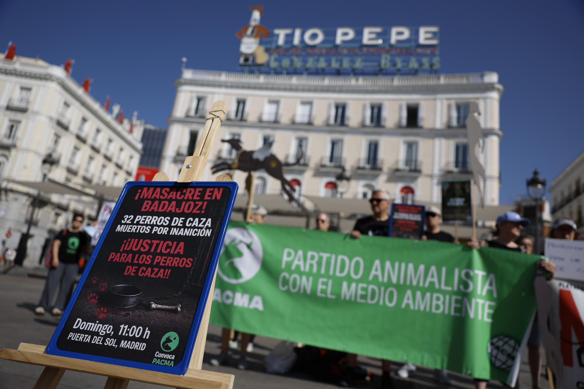Protesta este domingo en la Puerta del Sol de Madrid convocada por el Partido Animalista PACMA para protestar por la muerte por inanición de 32 perros de caza en Azuaga (Badajoz). EFE/ Mariscal