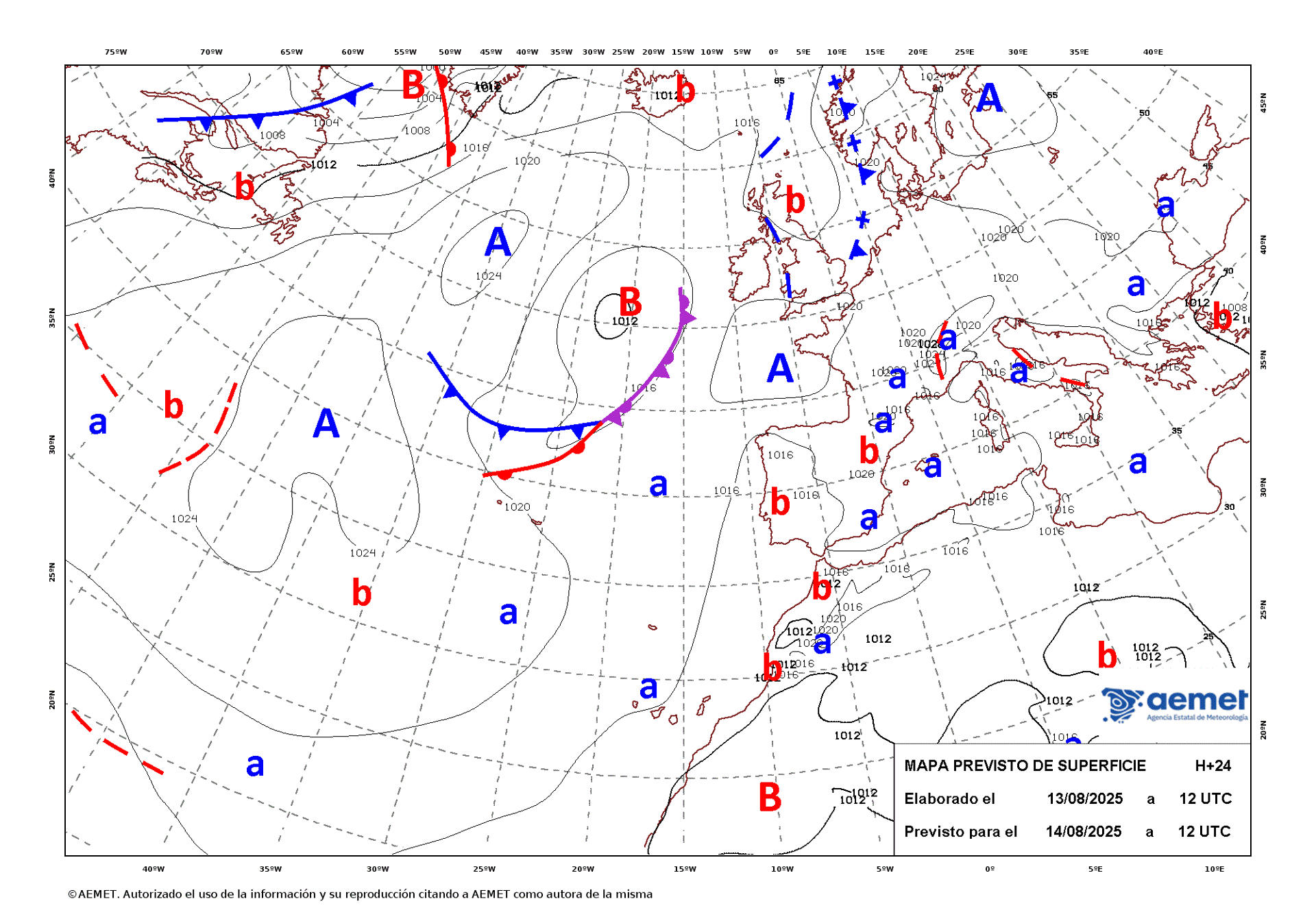 Mapa de isobaras elaborado por la Aemet el 13/08/2025 previsto para el 14/08/2025. EFE/Aemet