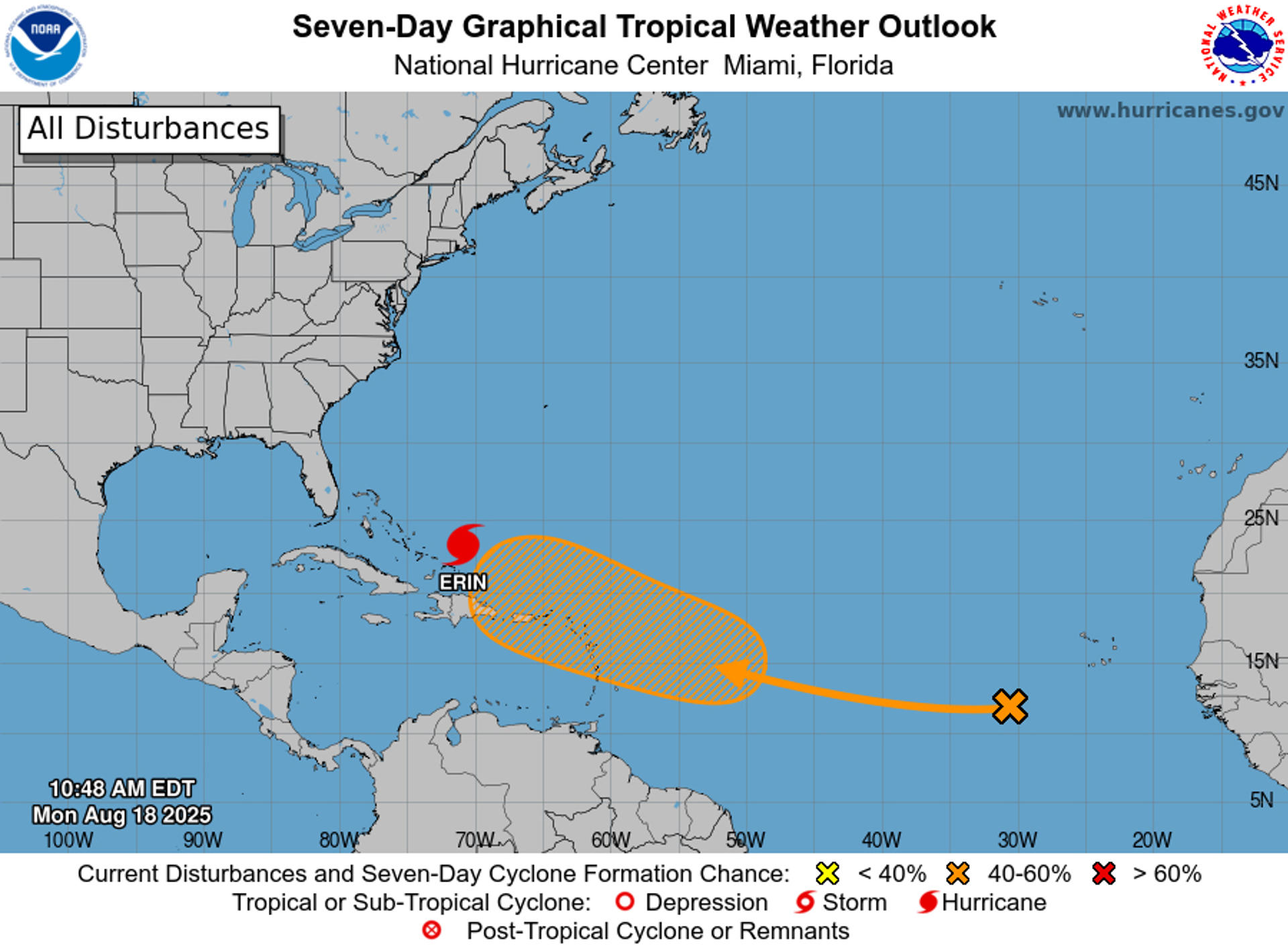 Imagen tomada de la pagina oficial del Centro Nacional de Huracanes (NHC, en inglés) que muestra el estado del huracán Erin. EFE/ Centro Nacional de Huracanes