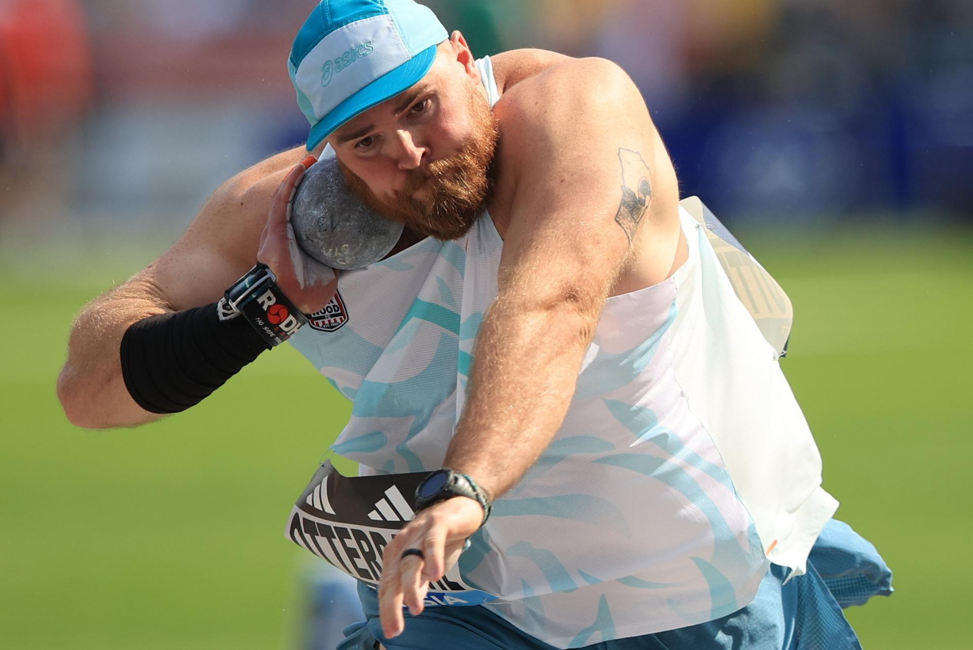 El estadounidense Payton Otterdahl, en la prueba del Memorial Kamila Skolimowska de la Liga de Diamante de Silesia (Polonia) con una marca de 22,28 metros.EFE/EPA/Adam Warzawa