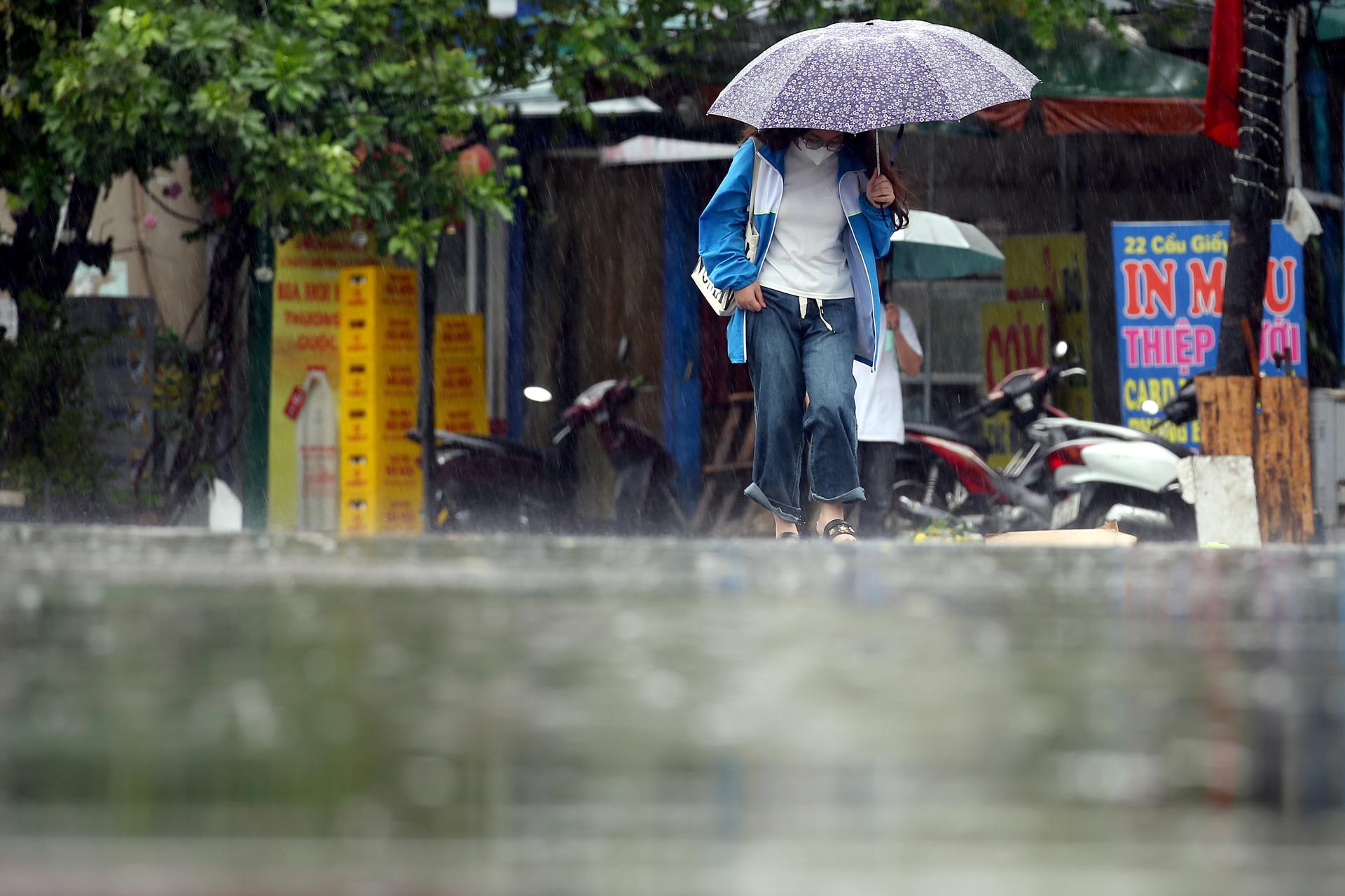 HA NOI (Viet Nam), 25/08/2025.- A woman holding an umbrella walks under the rain in Hanoi, Vietnam, 25 August 2025. Typhoon Kajiki made landfall on 25 August, bringing torrential rains to Vietnam's north-central coast, prompting mass evacuations and the closure of airports and schools. EFE/EPA/LUONG THAI LINH