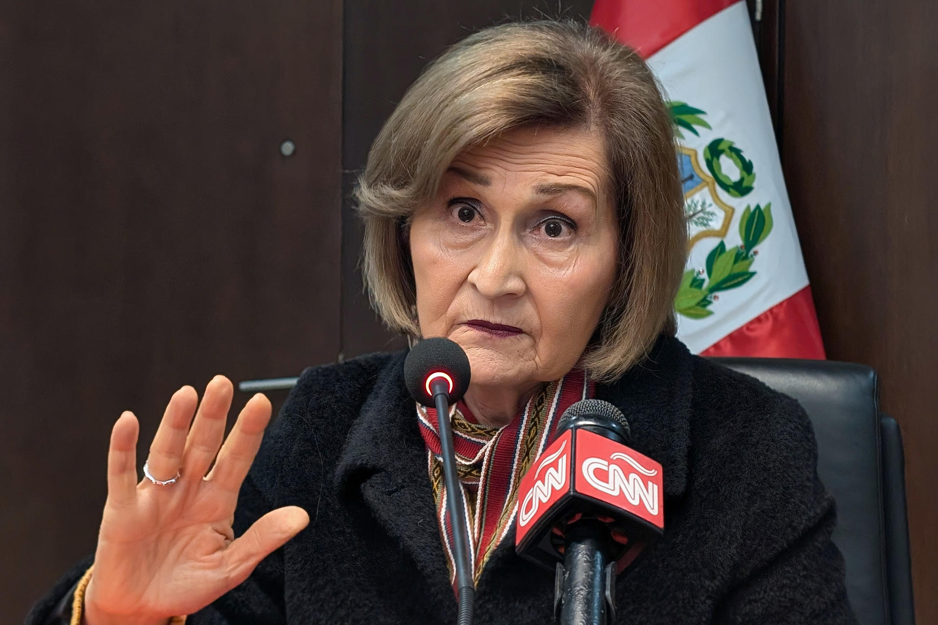 La presidenta del Tribunal Constitucional (TC) de Perú, Luz Pacheco, habla durante una reunión con la Asociación de Prensa Extranjera en el Perú (APEP) este martes, en Lima (Perú). EFE/ Fernando Gimeno
