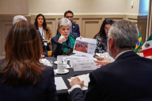 Fotografía cedida por la Secretaría de Medio Ambiente y Recursos Naturales de su titular, Alicia Bárcena (c), durante una reunión este lunes, en Ciudad de México (México). EFE/ Secretaria de Medio Ambiente y Recursos Naturales /SOLO USO EDITORIAL/ NO VENTAS/ SOLO DISPONIBLE PARA ILUSTRAR LA NOTICIA QUE ACOMPAÑA (CRÉDITO OBLIGATORIO)
