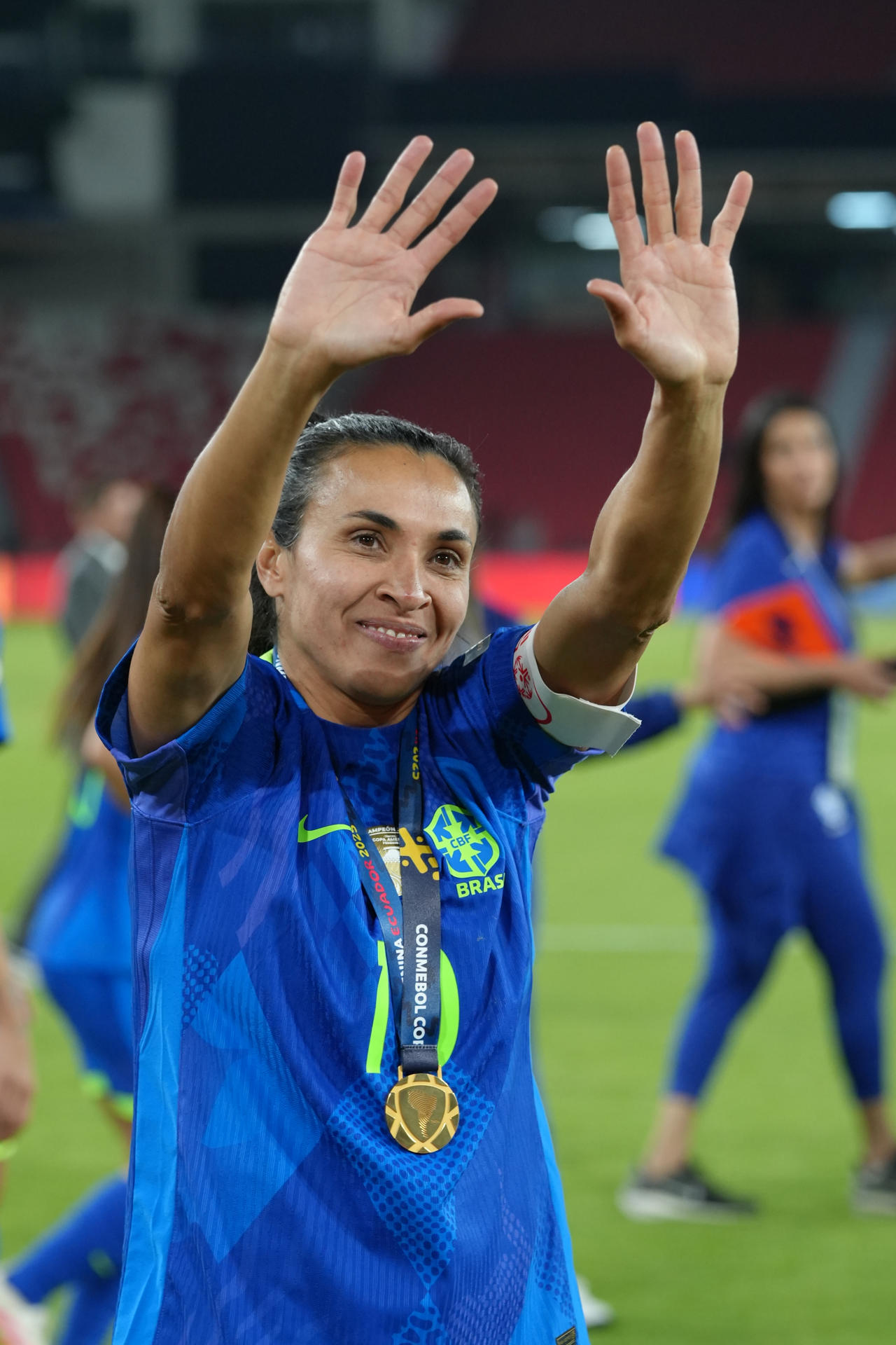 A los 39 años Marta Vieira da Silva anuncia el fin de su participación en la Copa América Femenina, un torneo que ayudó a ganar en 3 de las 9 ocasiones, y del que salió este sábado en Ecuador como la mejor jugadora. EFE/ Vicente Costales
