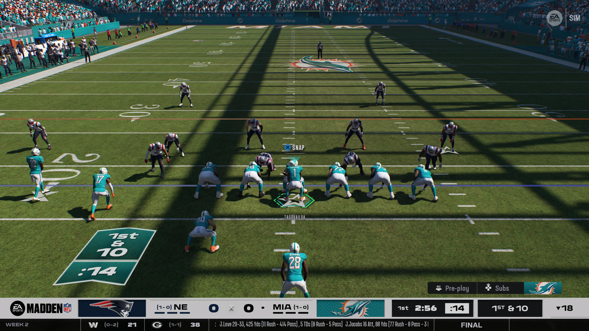 Captura de pantalla del simulador oficial de la NFL, Madden 26, que, como cada año, lo hace con aspectos clave de mejora como revitalizar el modo ‘Franquicia’, añadir rasgos únicos a los ‘quarterbacks’ para que se sientan únicos y trasladar la realización televisiva única de cada encuentro de la temporada, de la vida real a la videoconsola. La nueva entrega de este simulador llega a falta de tres semanas para que arranque la temporada de fútbol americano. EA Sports y Madden han puesto el foco en los últimos meses en revitalizar el modo de juego en el que asumes los mandos de una franquicia para llevarla hasta la ansiada Super Bowl y el Trofeo Lombardi. EFE/ EA SPORTS / ***SOLO USO EDITORIAL/SOLO DISPONIBLE PARA ILUSTRAR LA NOTICIA QUE ACOMPAÑA (CRÉDITO OBLIGATORIO)***
