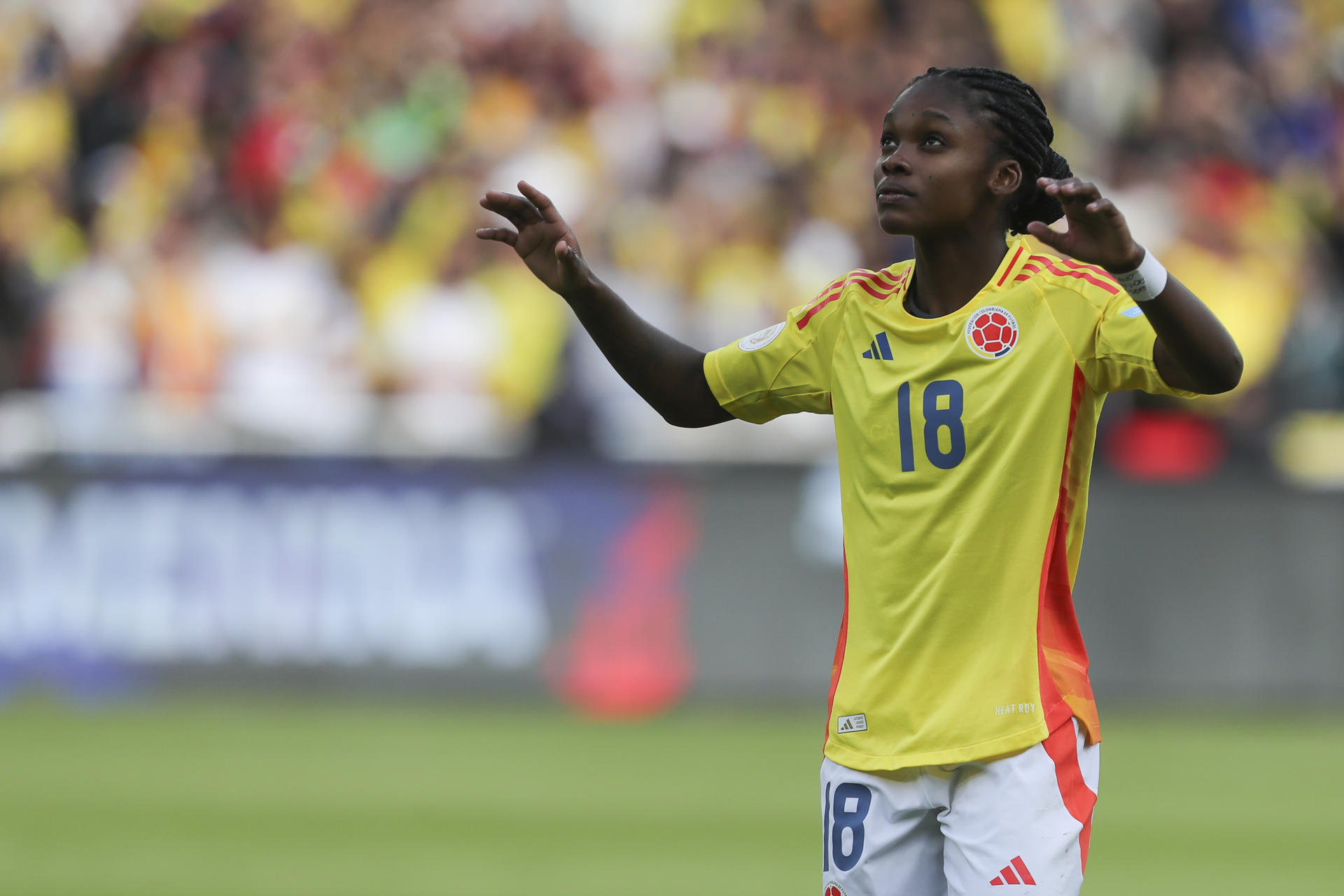 Linda Caicedo de Colombia celebra su gol en la final de la Copa América Femenina. EFE/ Jose Jácome