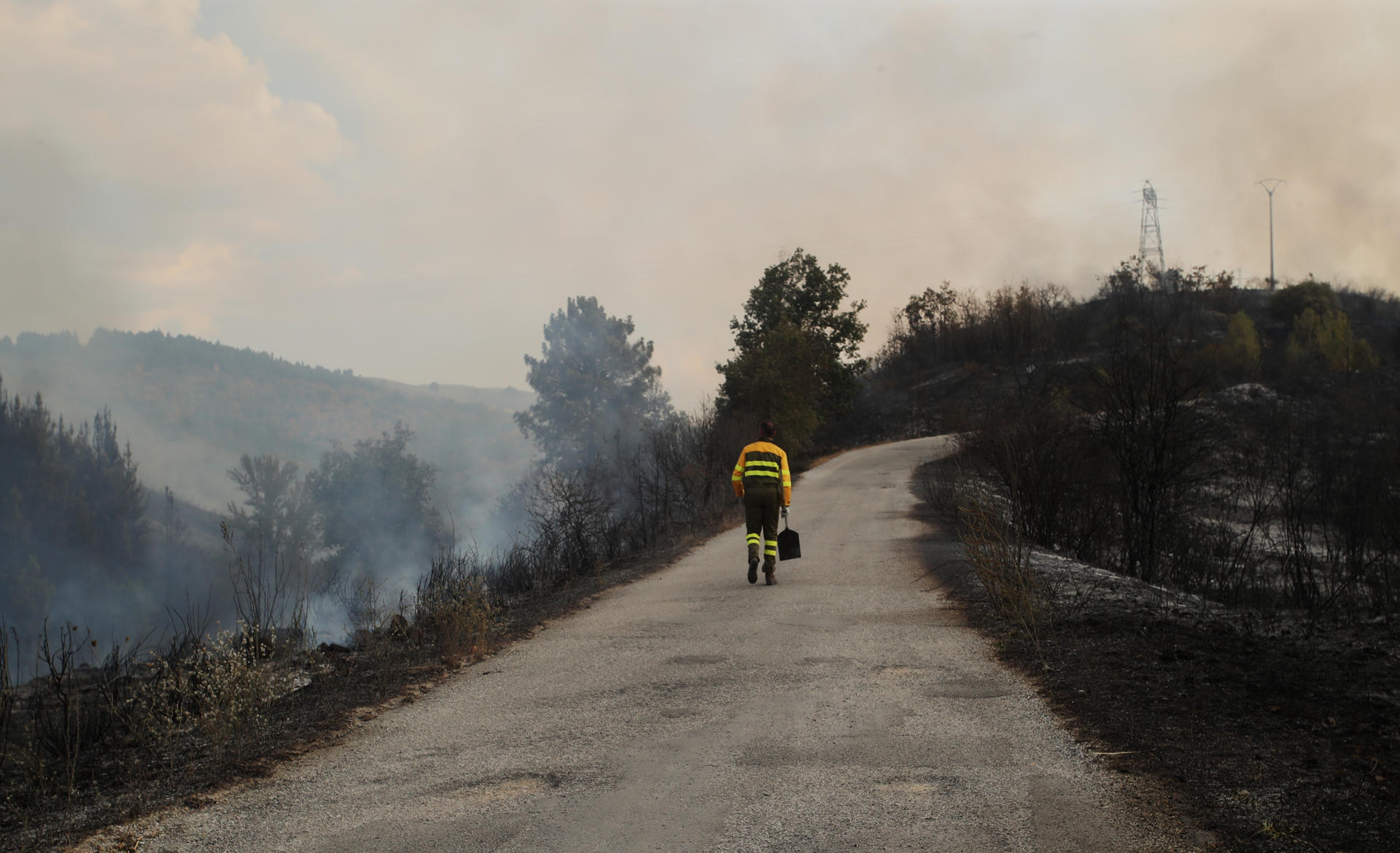 Un voluntario y profesionales se enfrentan a las llamas de un incendio en Molinaseca (Ponferrada), en una imagen de este domingo. EFE/ Ana F. Barredo
