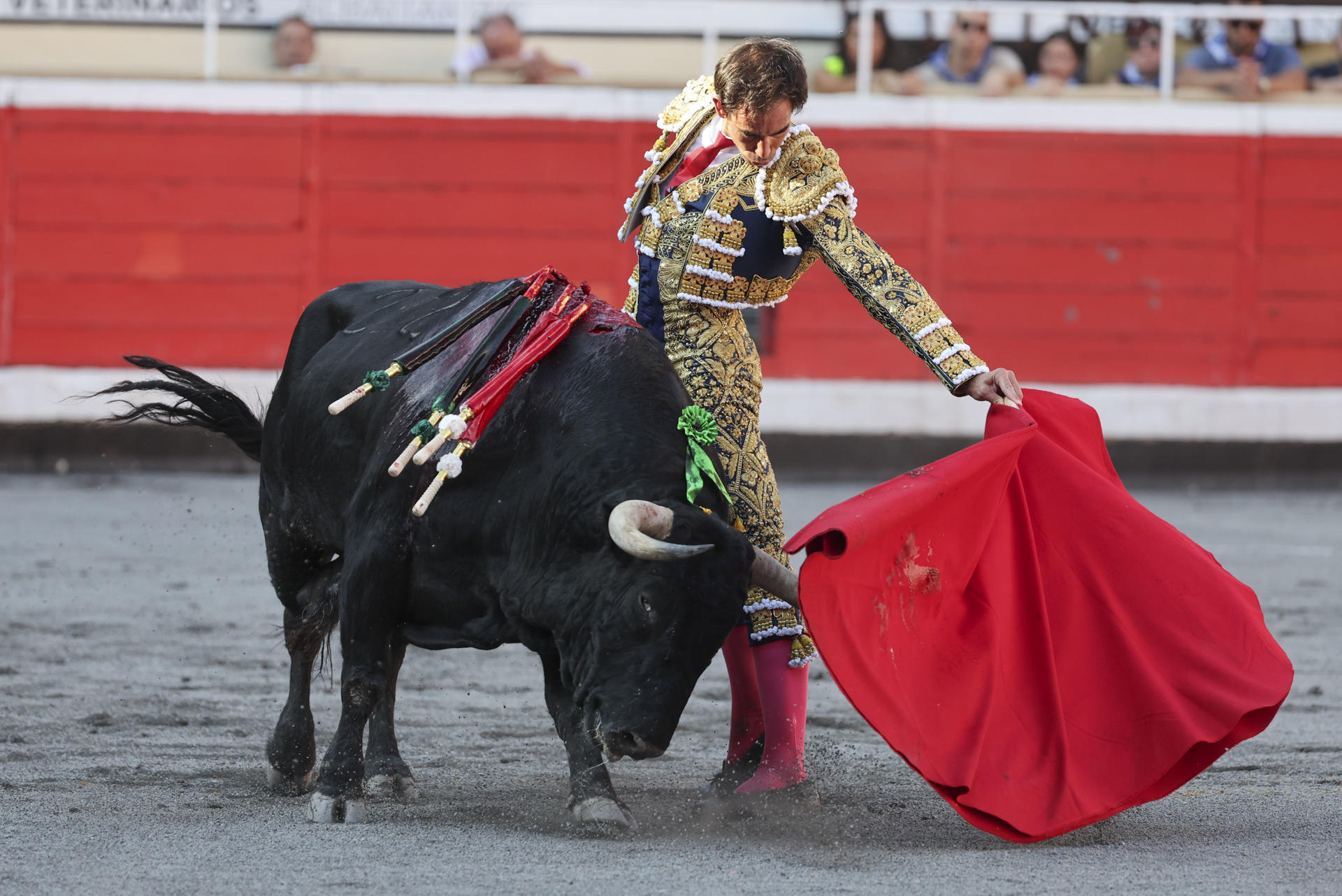 El torero Fortes con la muleta sobre su primer toro durante su faena en la última de las Corridas Generales de la Aste Nagusia 2025 de Bilbao, este sábado en la Plaza de Toros de Vista Alegre. EFE/ Luis Tejido