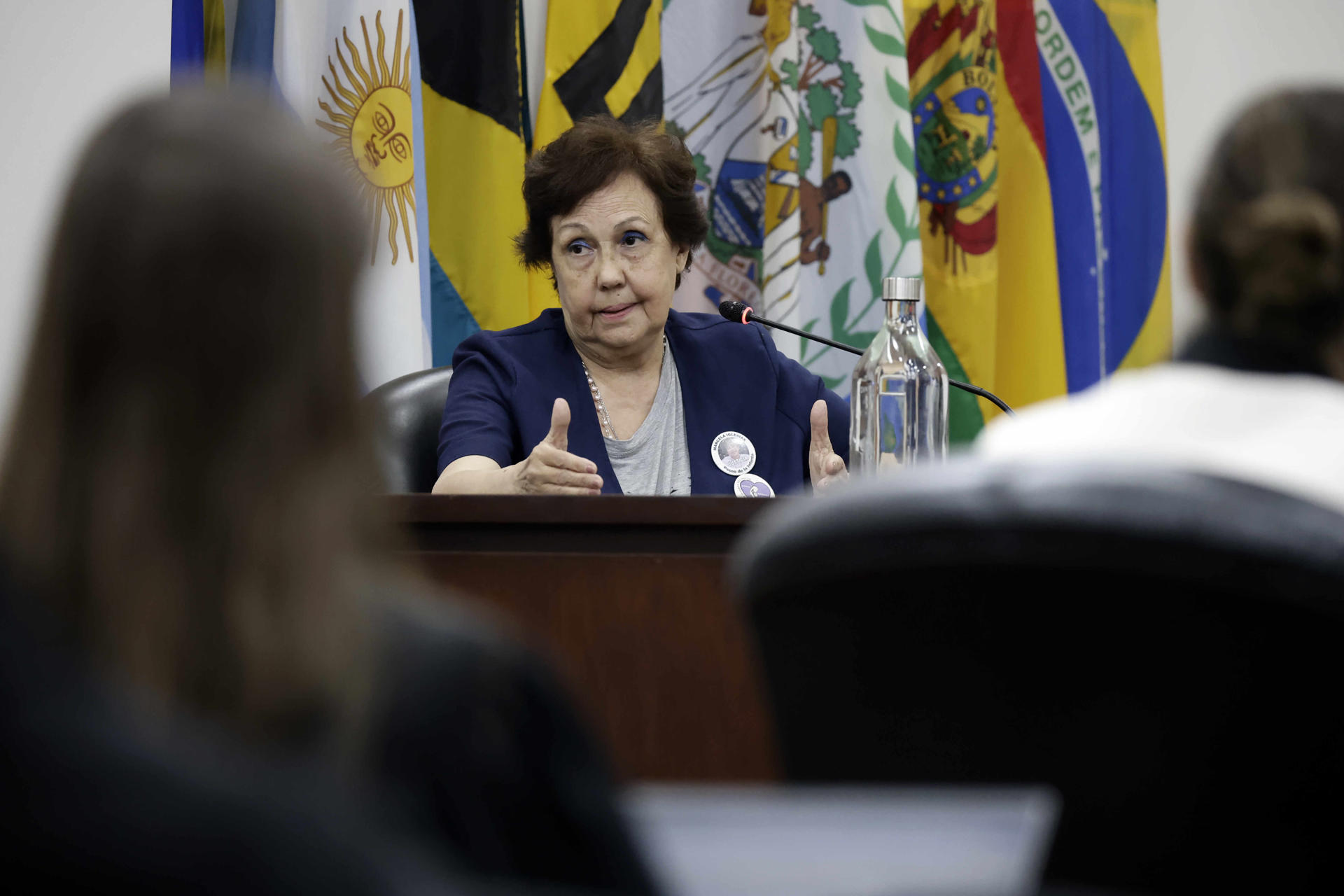 La madre de la niña Marcela Brenda Iglesias Ribaudo, Nora Esther Ribaudo, habla durante una audiencia ante la Corte Interamericana de Derechos Humanos (CorteIDH) este 20 de agosto de 2025, en San José (Costa Rica). EFE/ Jeffrey Arguedas
