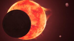 Representación artística del planeta TRAPPIST-1 d pasando por delante de su estrella, con otros miembros del sistema, muy próximos entre sí, mostrados al fondo. Crédito: NASA, ESA, CSA, J. Olmsted (STScI)