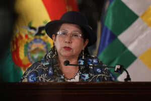 La ministra de Relaciones Exteriores de Bolivia, Celinda Sosa Lunda, habla en una rueda de prensa este viernes en La Paz (Bolivia). EFE/ Luis Gandarillas