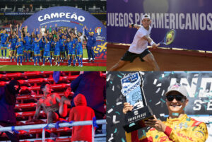 Combo de fotografías de archivo que muestra al equipo femenino de fútbol de Brasil (i-arriba), el tenista de Brasil, Joao Didoni (d-arriba), aficionados durante los disturbios en el partido de la Sudamericana (i-abajo), y el piloto de automovilismo español, Alex Palou (d-abajo) . EFE/ Archivo