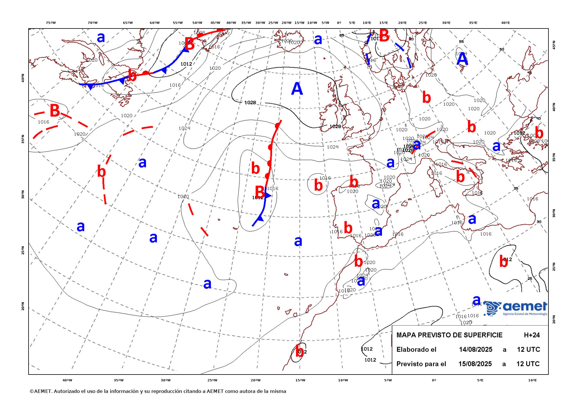 Mapa de isobaras elaborado por la Aemet el 14/08/2025 previsto para el 15/08/2025. EFE/Aemet SOLO USO EDITORIAL/SOLO DISPONIBLE PARA ILUSTRAR LA NOTICIA QUE ACOMPAÑA (CRÉDITO OBLIGATORIO)
