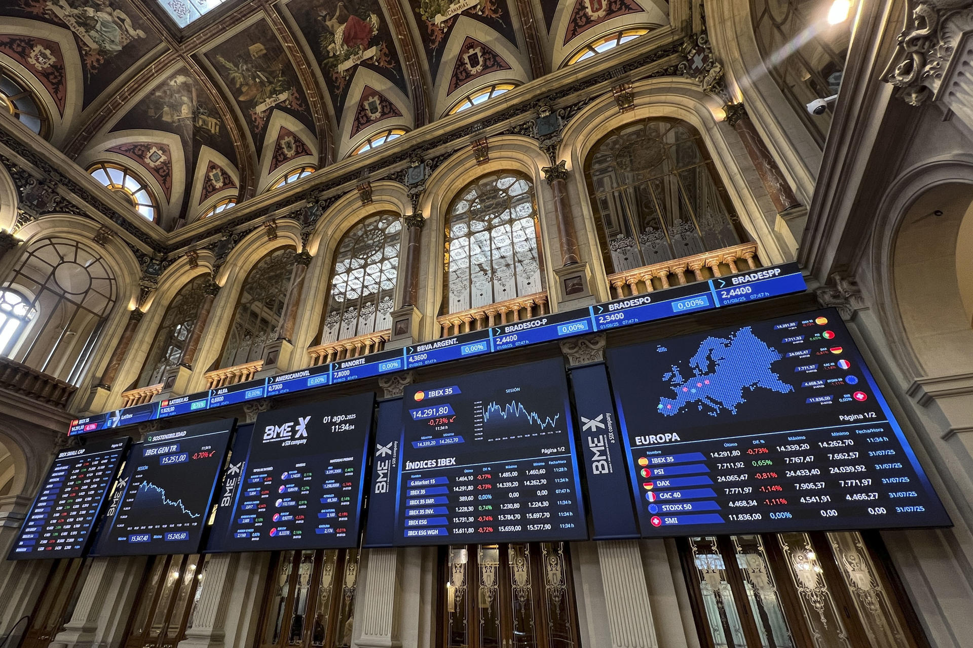 El principal selectivo español, el IBEX 35, cae el 1,88 % al cierre este viernes, y se aleja de los 14.200 puntos, hasta situarse en los 14.126  enteros. EFE/ Altea Tejido