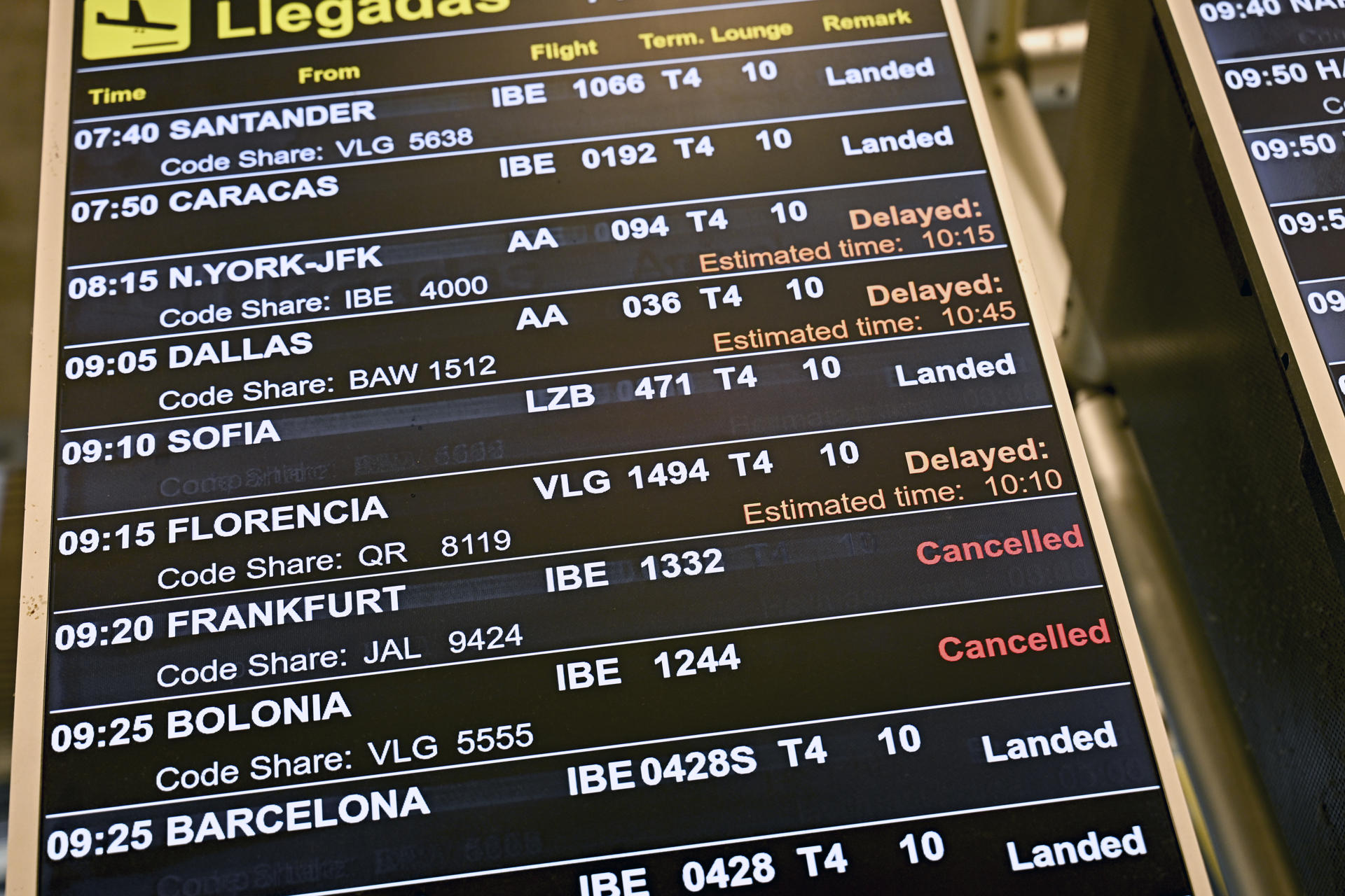 Pantallas de información muestran vuelos r en la T4 en el aeropuerto internacional de Adolfo Suárez Madrid Barajas. EFE/ Fernando Villar