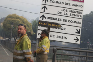 En la imagen, brigadas y bomberos de Alicante y Valencia, asisten para colaborar en la extinción del incendio forestal en Igüeña y Colinas del Campo. EFE/Ana F. Barredo