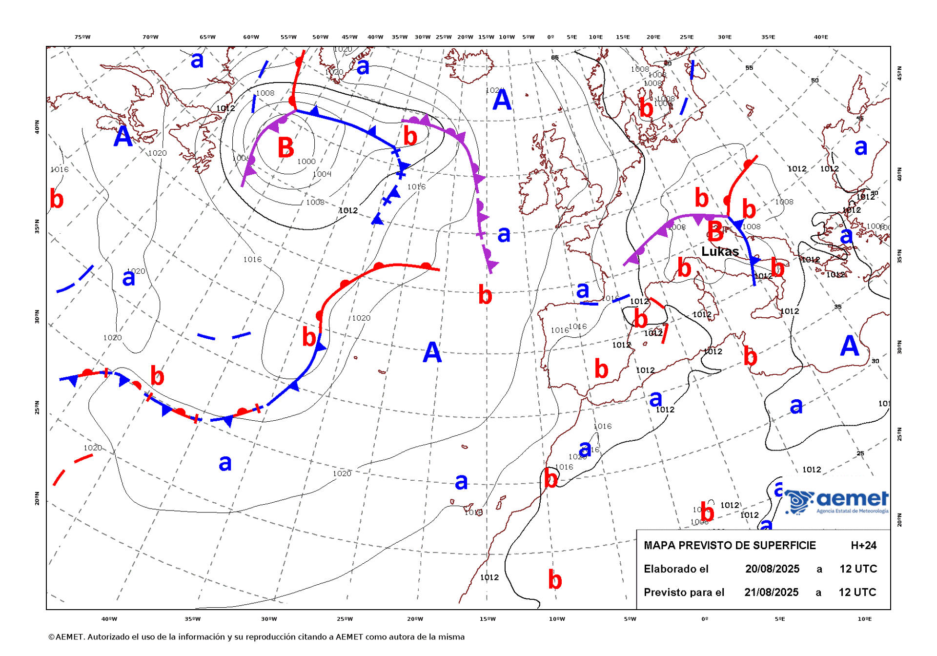 Mapa de isobaras facilitado por la Aemet previsto para el 21/08/2025. EFE *****SOLO USO EDITORIAL/SOLO DISPONIBLE PARA ILUSTRAR LA NOTICIA QUE ACOMPAÑA (CRÉDITO OBLIGATORIO) *****
