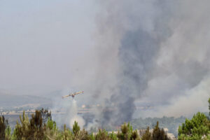 Un hidroavión descarga sobre las llamas del incendio forestal de Abejera (Zamora). . EFE/Mariam A. Montesinos