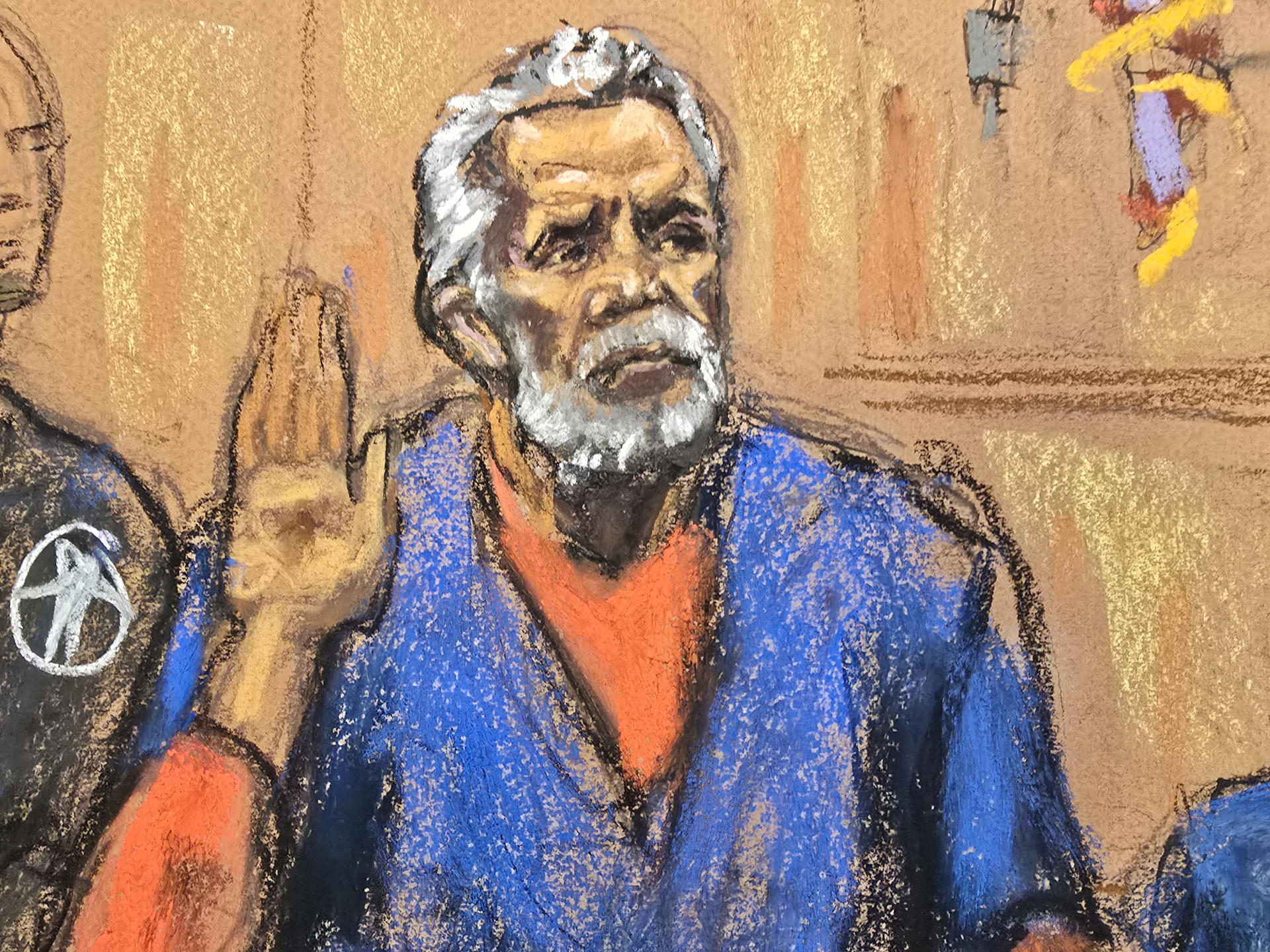 Fotografía de un dibujo realizado por la artista Jane Rosenberg del narcotraficante mexicano Ismael 'el Mayo' Zambada durante el juicio realizado en un tribunal federal este lunes, en Nueva York (Estados Unidos). EFE/ Jane Rosenberg