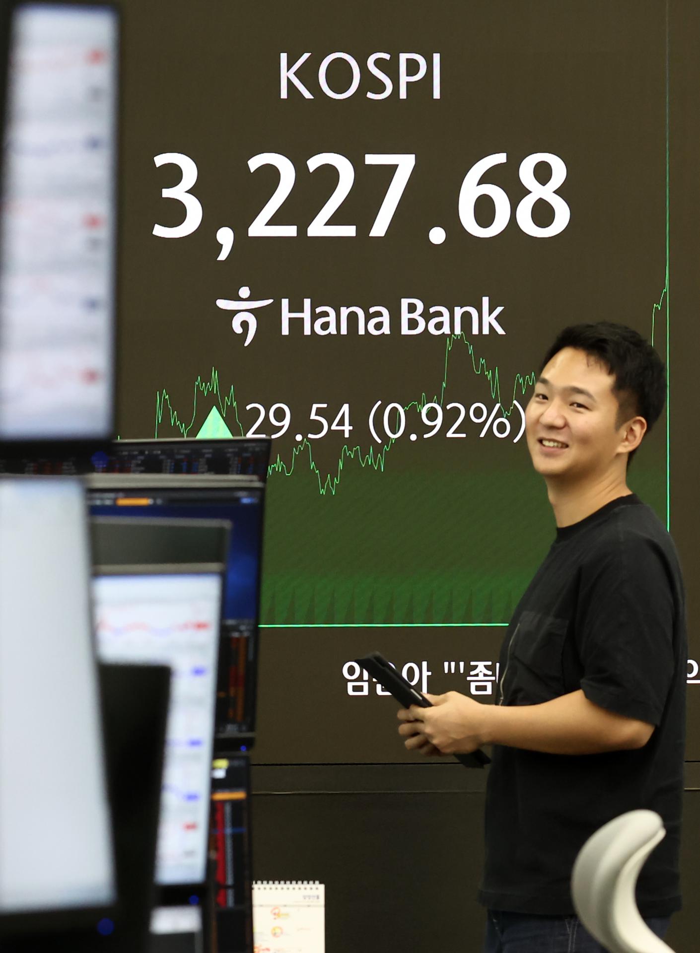 Seoul (Korea, Republic Of), 07/08/2025.- A financial data screen at the Korea Exchange shows the benchmark Korea Composite Stock Price Index having risen 29.54 points, or 0.92 percent, to close at 3,227.68 in Seoul, South Korea, 07 August 2025. South Korean stocks closed higher, tracking overnight gains on Wall Street, with strong performances in tech and auto shares leading the advance. (Corea del Sur, Seúl) EFE/EPA/YONHAP SOUTH KOREA OUT
