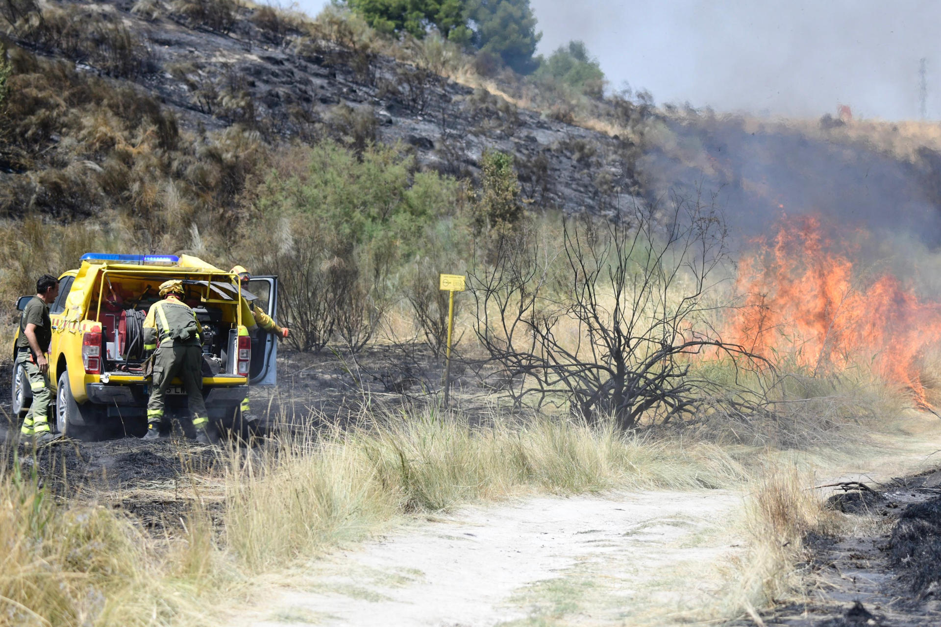 Esfuerzos de contención de una zona de fuego reavivado junto a la urbanización Valdecasas, en la ladera oeste, en Aranjuez. El incendio de vegetación que desde este viernes afecta a una zona de vegetación de rivera y pasto cercana a la localidad de Aranjuez ha quedado estabilizado, y se prevé que las personas que han tenido que ser desalojadas de sus viviendas puedan regresar a lo largo de este sábado. Según ha informado Emergencias 112 este sábado, en la extinción del fuego, que ha quemado unas 300 hectáreas de vegetación de rivera y pasto, se mantienen trabajando medios de bomberos, agentes forestales y brigadas forestales de la Comunidad de Madrid. EFE/ Víctor Lerena