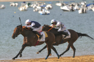 Un momento de la tradicional carrera de caballos disputada este martes en Sanlúcar de Barrameda (Cádiz). EFE/Román Ríos.