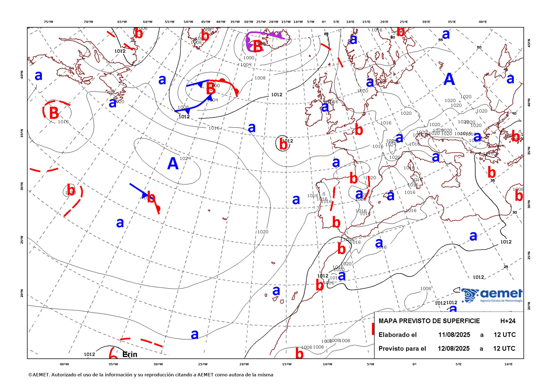 Mapa de isobaras facilitado por la Aemet previsto para el 12/08/2025. EFE/ SOLO USO EDITORIAL/SOLO DISPONIBLE PARA ILUSTRAR LA NOTICIA QUE ACOMPAÑA (CRÉDITO OBLIGATORIO)