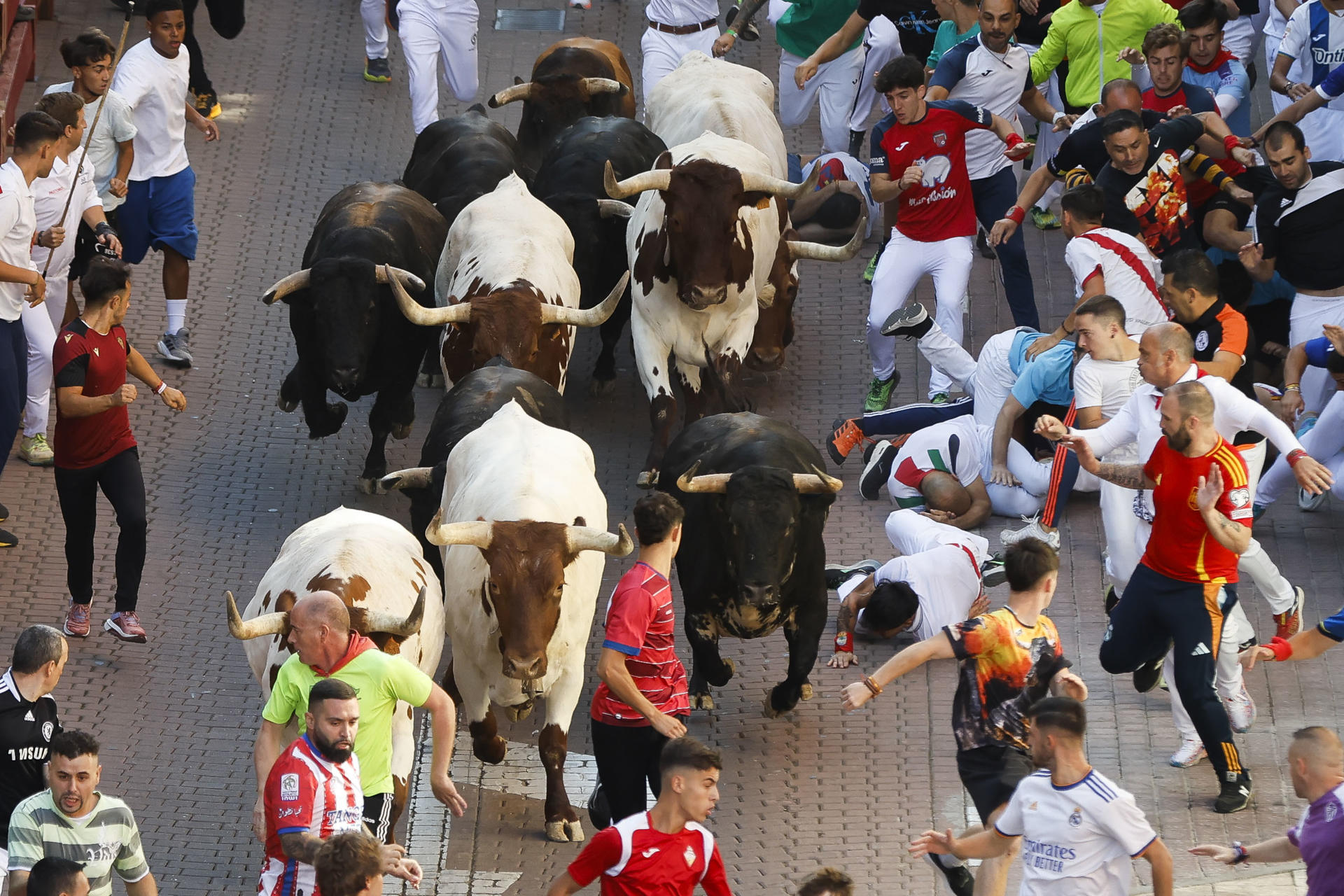 Los corredores son perseguidos por los toros durante el quinto encierro de San Sebastián de los Reyes este jueves. EFE/ David Fernández