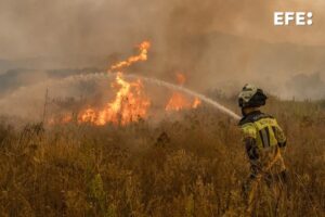Un bombero trabaja en las labores de extinción del incendio forestal que permanece activo este martes en Monterrei (Ourense). EFE // Brais Lorenzo