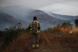 Un bombero forestal observa el paisaje del incendio de Pobra de Brollón, Lugo. EFE/ Eliseo Trigo