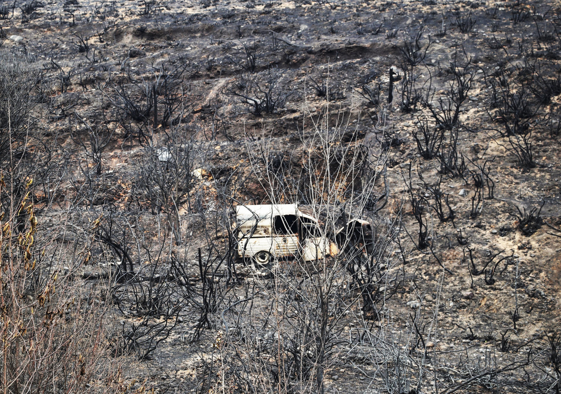Vista de una paraje quemado por el incendio en Las Médulas, Orellán y Carucedo, este miércoles. EFE/Ana F. Barredo
