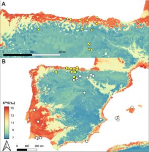 Mapa isotópico de los valores de azufre en la península ibérica durante el Holoceno. Imagen facilitada por la Universidad de Cantabria.