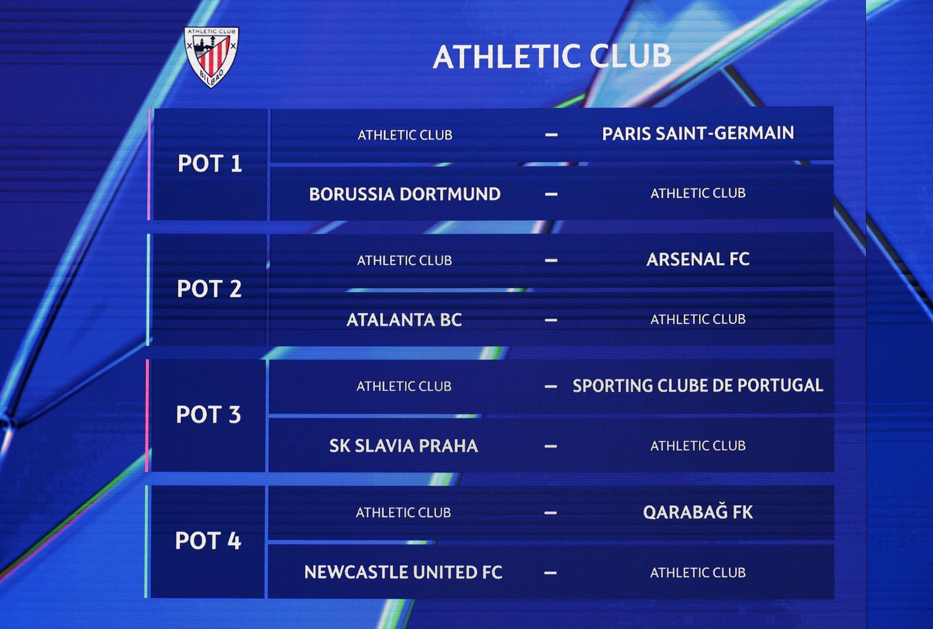 El Athletic Club de Bilbao se enfrentará a PSG, defensor del título, los ingleses Arsenal y Newcastle y el Borussia Dortmund, entre otros equipos, en la primera fase de la Liga de Campeones 2025/26. EFE/EPA/MOHAMMED BADRA