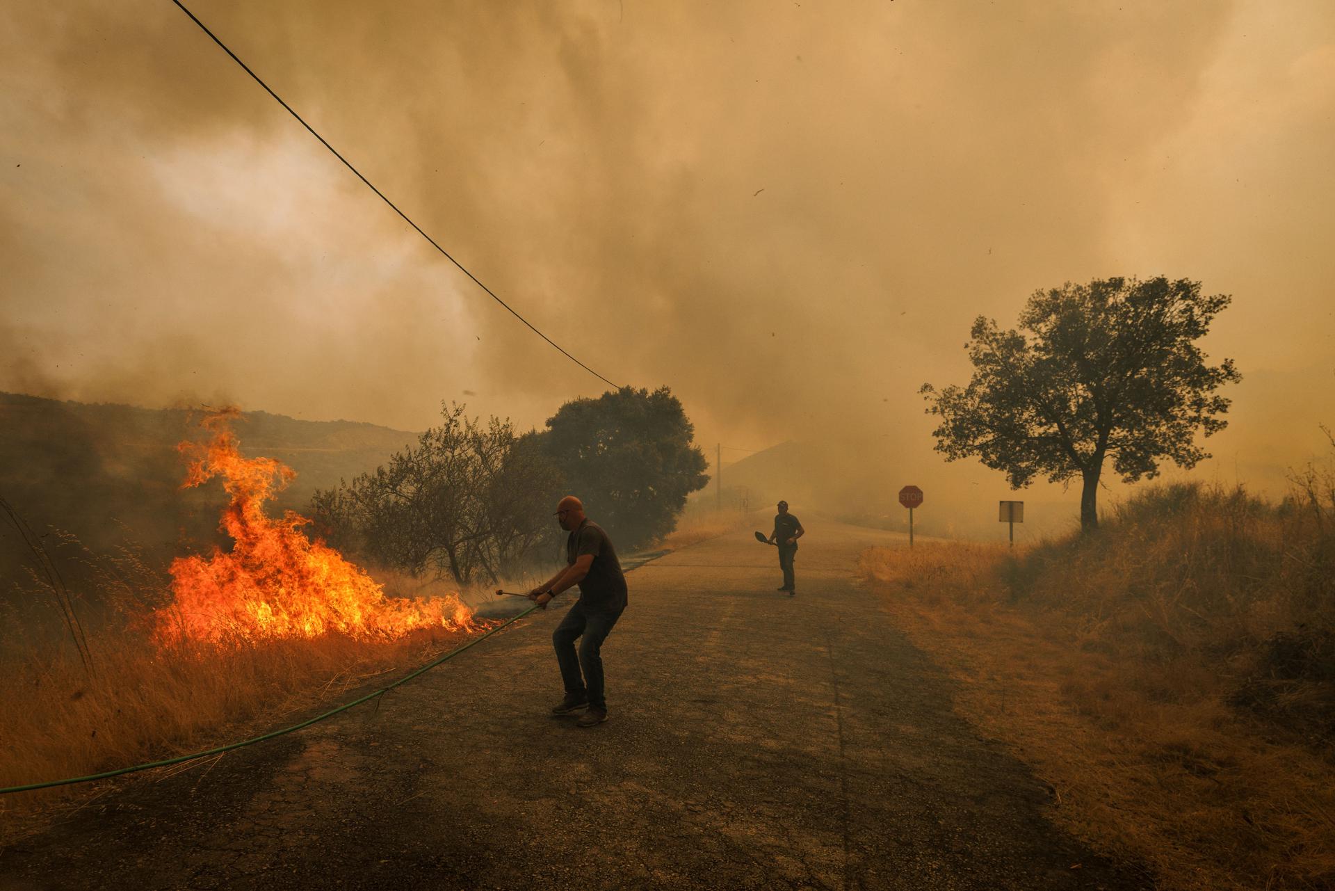 Los vecinos de la zona intentan combatir el incendio forestal en Meda, Guarda, Portugal, este sábado 16 de agosto. Los incendios forestales han quemado 139,000 hectáreas en Portugal, la mitad de las cuales en solo dos días, lo que representa 17 veces más que el área quemada en el mismo período el año pasado. EFE/EPA/PEDRO SARMENTO COSTA
