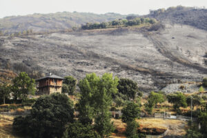 Vista de una zona desalojada de vecinos durante un incendio en el Bierzo, este domingo. La Junta de Castilla y León ha informado este domingo de la positiva evolución del incendio de Yeres, en el término municipal de Puente Domingo Flórez (León), donde las llamas no amenazan ya el cercano Parque Natural de Las Médulas ni la localidad, de la que fueron evacuados sus 35 vecinos a última hora de la tarde de ayer. EFE/ Ana F. Barredo