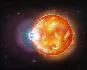 Ilustración que representa la fusión estelar caliente que formó la enana blanca ultramasiva -WD 0525+526. Crédito: Dr. Snehalata Sahu/Universidad de Warwick. EDITORIAL SOLO USO.