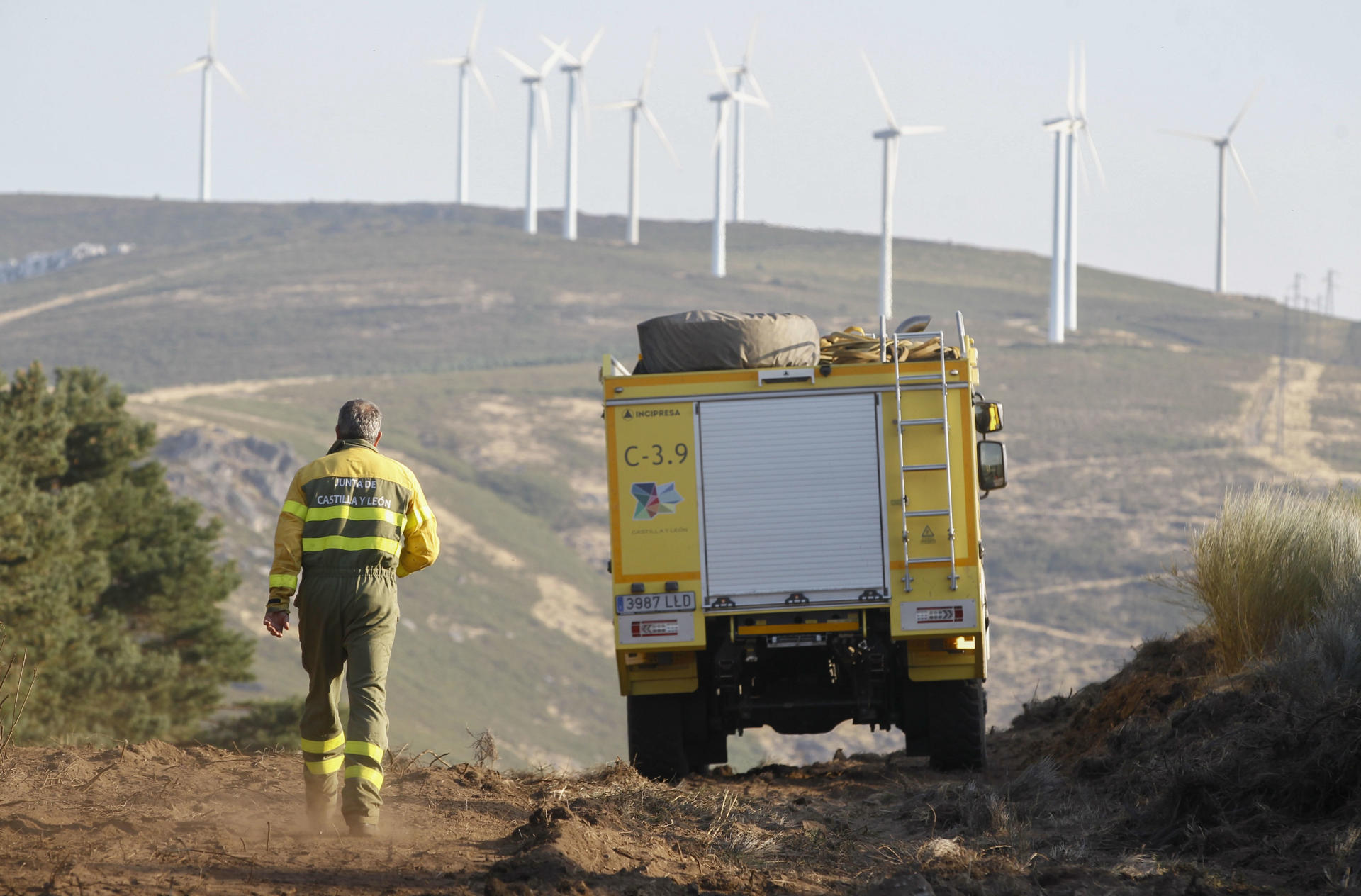 Los brigadistas intentan contener por segundo día el incendio en la zona limítrofe entre Ourense y Zamora. EFE/Mariam A. Montesinos
