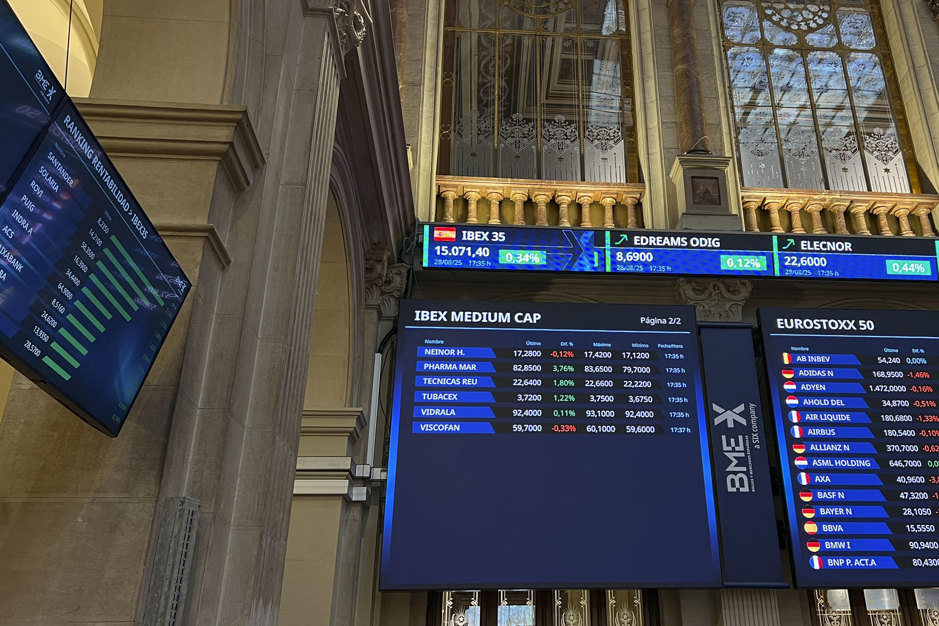 El IBEX 35, el índice de referencia del mercado nacional, ha sumado este jueves un 0,34 % y se acerca al nivel de los 15.100 puntos, tras un dato del PIB de Estados Unidos mejor de lo esperado, y con el impulso de Banco Santander, que repunta el 2,13 %. EFE/ Altea Tejido Sánchez