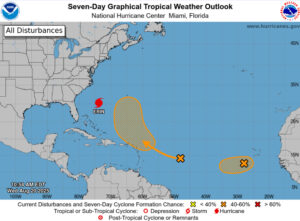 Imagen tomada de la página oficial del Centro Nacional de Huracanes (NHC, en inglés) que muestra el estado del huracán Erin este miércoles. EFE/ Centro Nacional de Huracanes