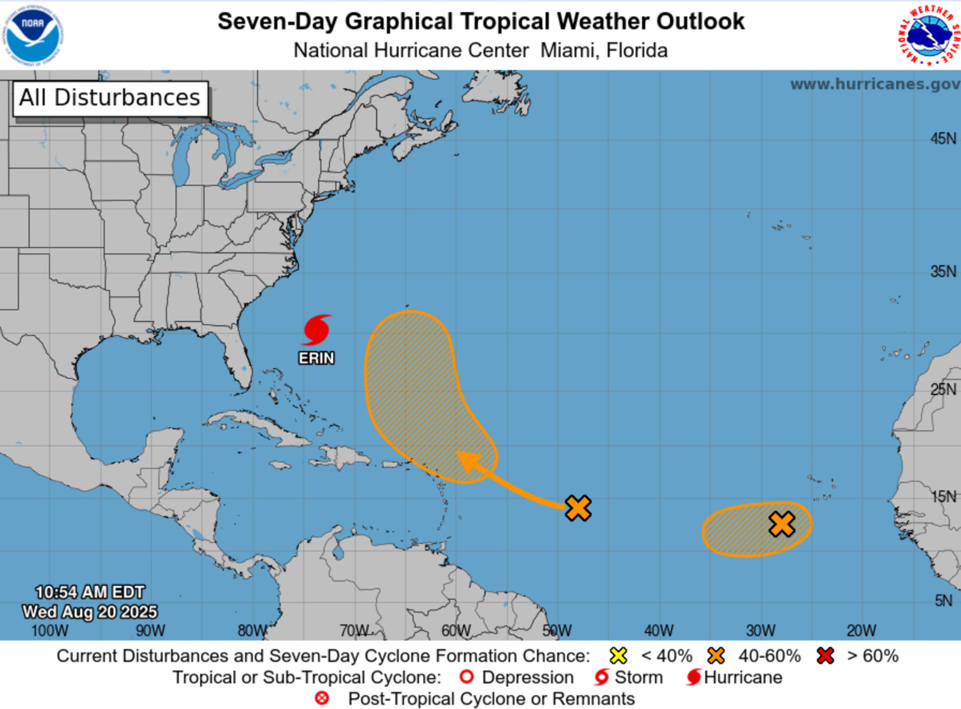 Imagen tomada de la página oficial del Centro Nacional de Huracanes (NHC, en inglés) que muestra el estado del huracán Erin este miércoles. EFE/ Centro Nacional de Huracanes